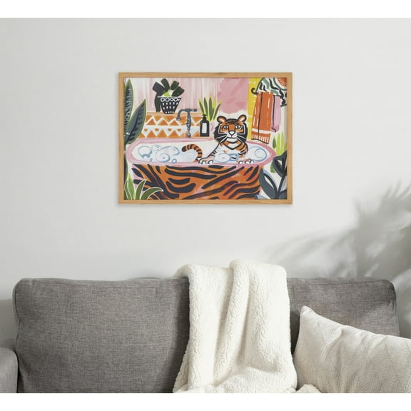 Kate and Laurel Bold Maximalist Tiger in Bubble Bath Framed Wall Art by The Creative Bunch Studio, 16x12 Natural, Cute Animal Bathroom Art for Wall