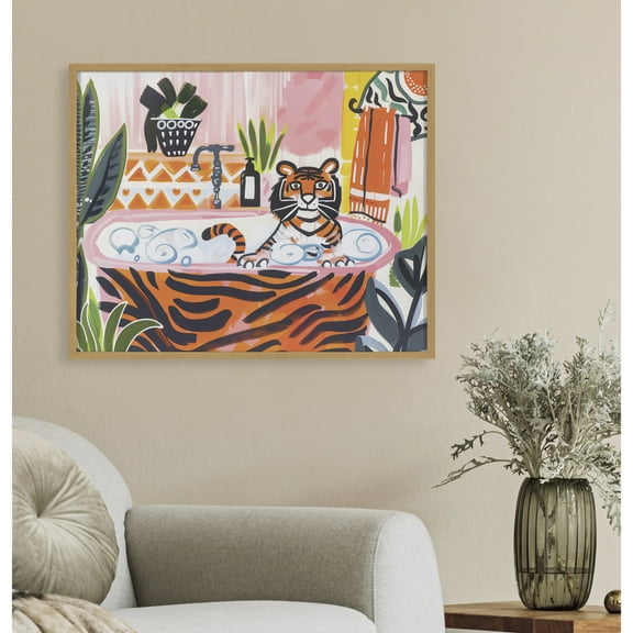 Kate and Laurel Bold Maximalist Tiger in Bubble Bath Framed Wall Art by The Creative Bunch Studio, 20x16 Gold, Cute Animal Bathroom Art for Wall