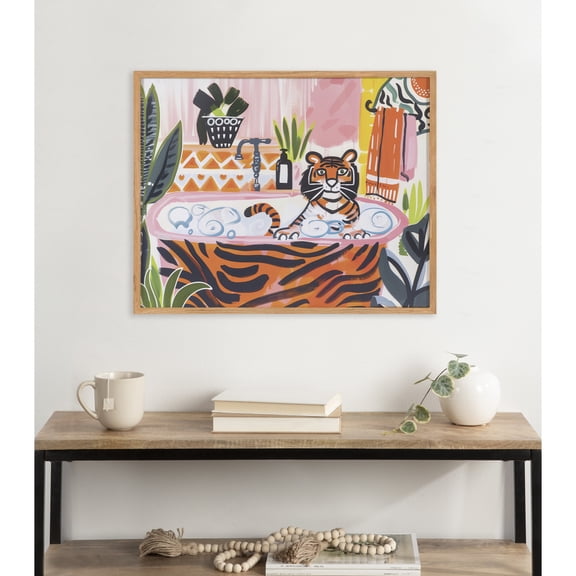 Kate and Laurel Bold Maximalist Tiger in Bubble Bath Framed Wall Art by The Creative Bunch Studio, 20x16 Natural, Cute Animal Bathroom Art for Wall