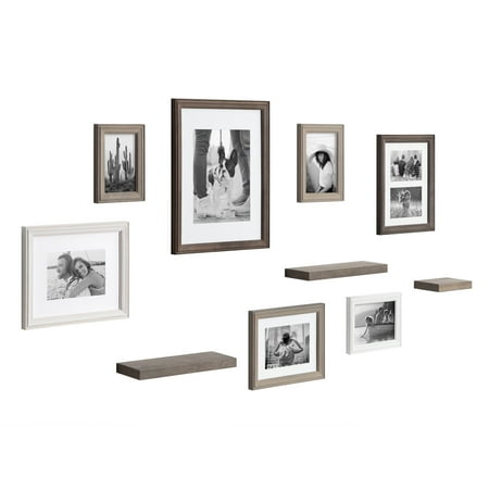 Kate and Laurel Bordeaux Gallery Wall Frame and Shelf Kit, Set of 10, 7 Frames and 3 Shelves, Gray and White
