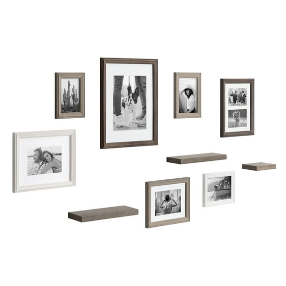Kate and Laurel Bordeaux Gallery Wall Frame and Shelf Kit, Set of 10, 7 Frames and 3 Shelves, Gray and White