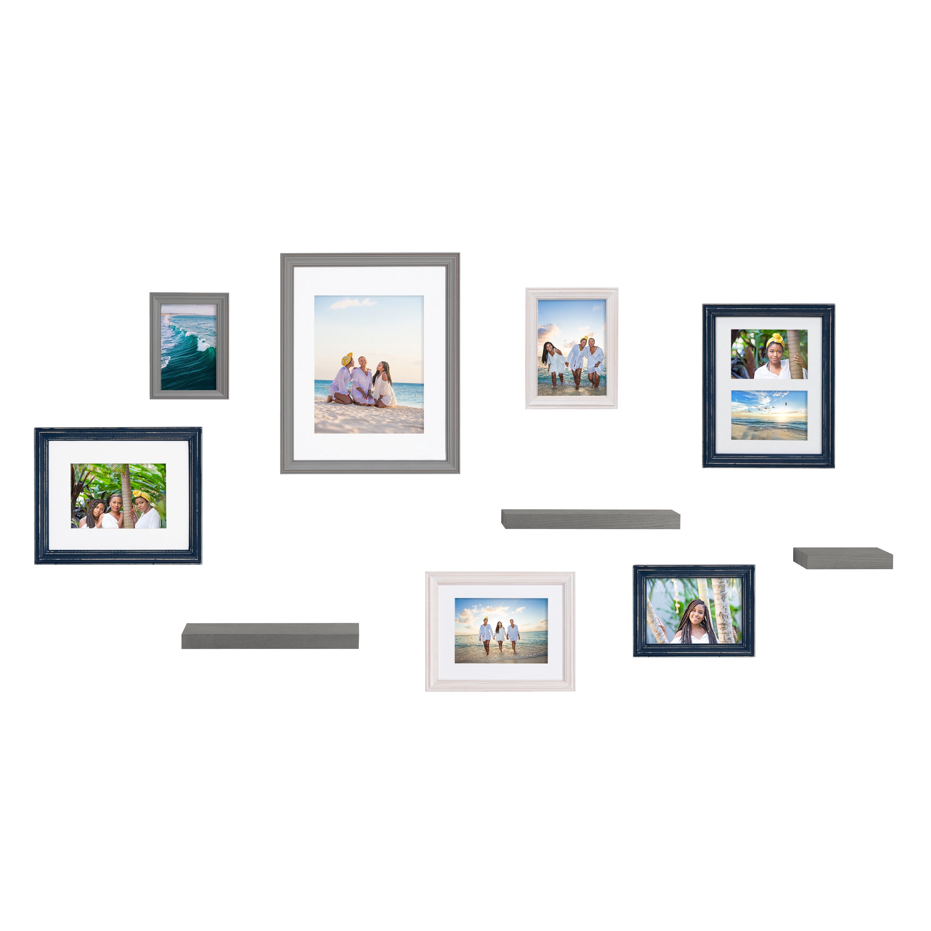 Kate and Laurel Bordeaux Gallery Wall Frame and Shelf Kit, Set of 10, Multiple Coastal Finishes, Assorted Size Frames and Three Display Shelves