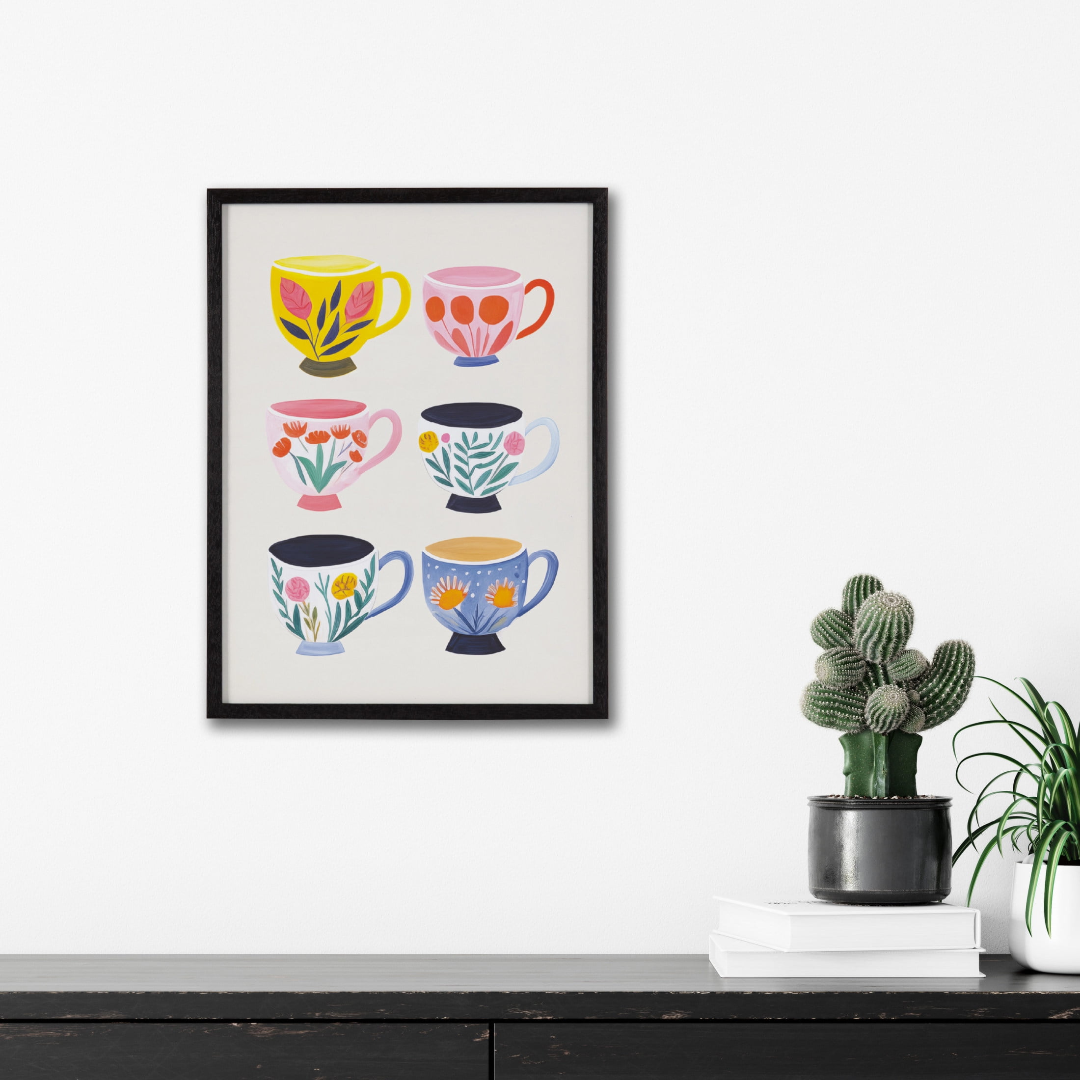 Botanical Coffee Shop Tea Cups Print with Black Frame, 12x16