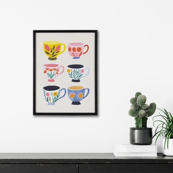 Kate and Laurel Botanical Coffee Shop Tea Cups Framed Wall Art by The Creative Bunch Studio, 12x16 Black, Cute Coffee Mug Art for Wall