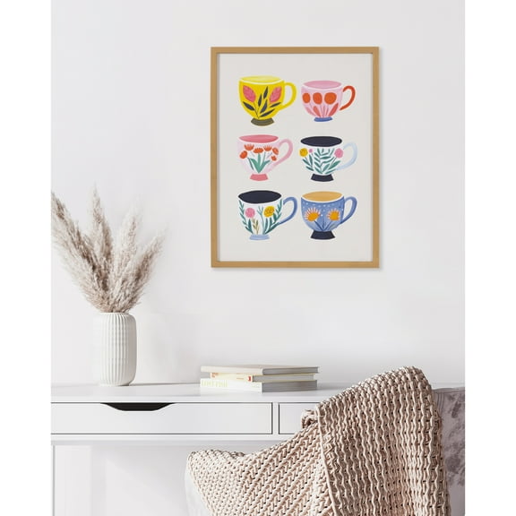 Kate and Laurel Botanical Coffee Shop Tea Cups Framed Wall Art by The Creative Bunch Studio, 12x16 Gold, Cute Coffee Mug Art for Wall