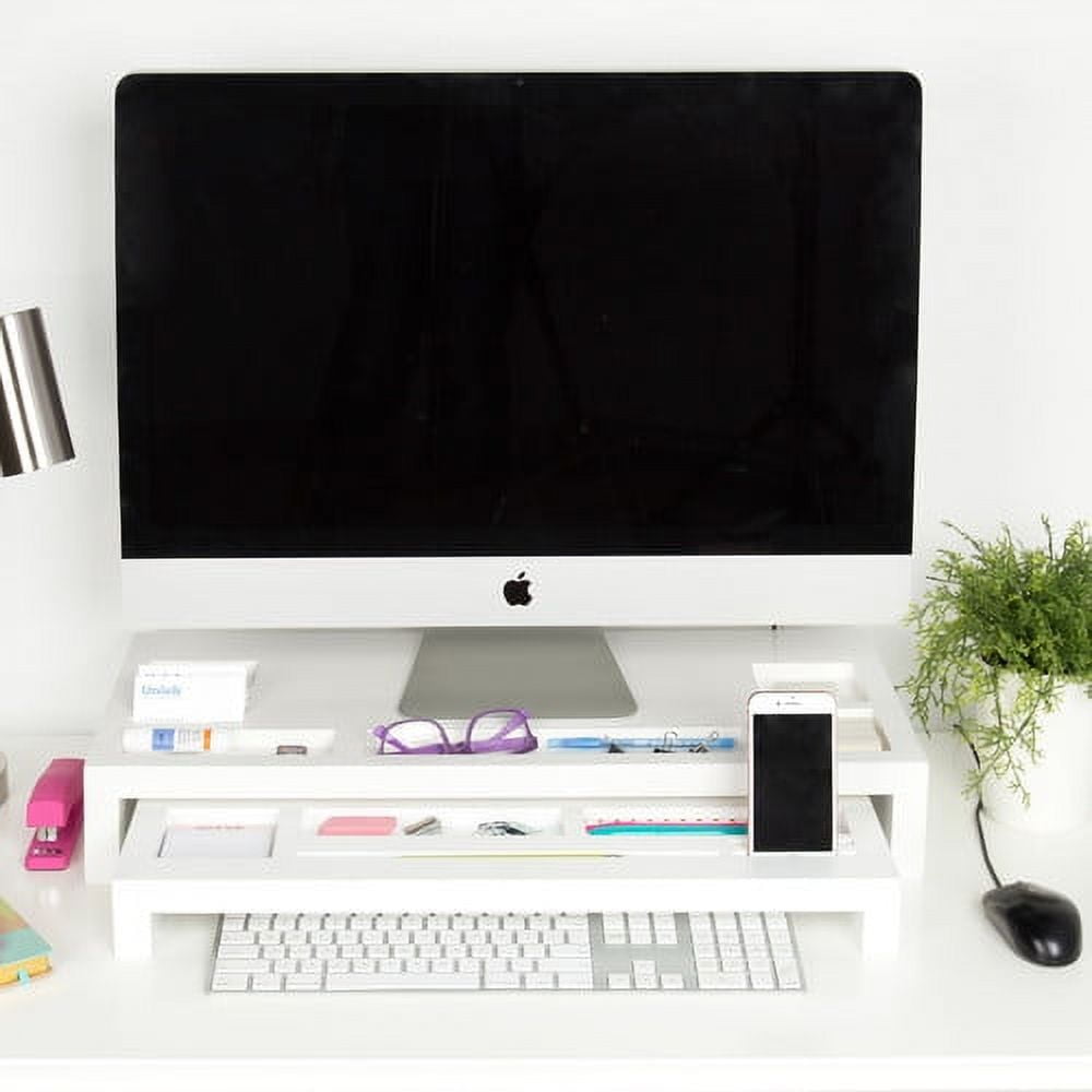 White Wood Desktop Organizer Monitor Stand with Storage Slots