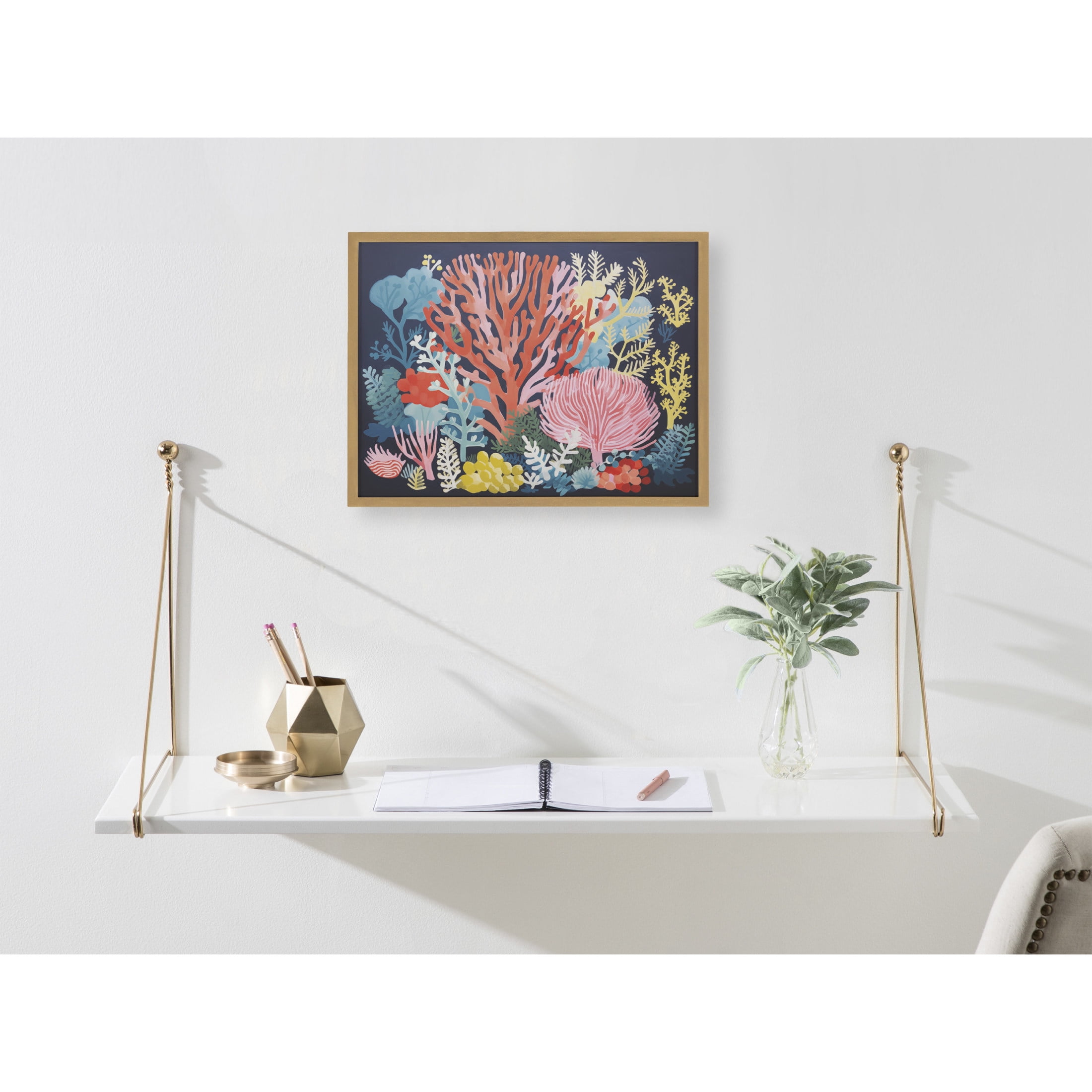 Bright Coral Underwater Ocean Framed Wall Art in Gold, 16x12
