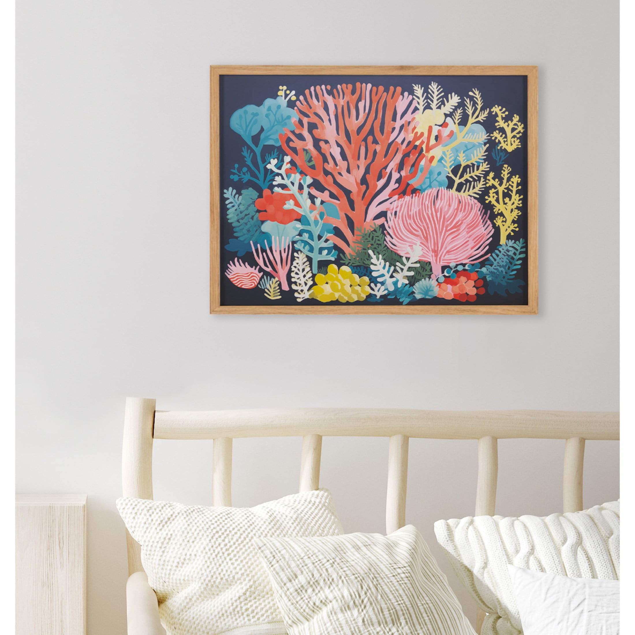 Bright Coral Underwater Ocean Print in Natural Wood Frame