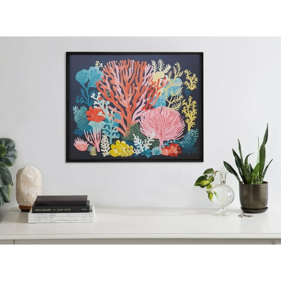 Kate and Laurel  Bright Coral Underwater Ocean Framed Wall Art by The Creative Bunch Studio, 20x16 Black, Colorful Beach Coral Art for Wall