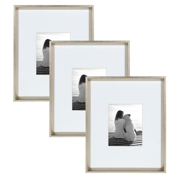 Kate and Laurel Calter Modern Wall Picture Frame Set, Silver 16x20 matted to 8x10, Pack of 3, Portrait Photo Frames for Wall Display