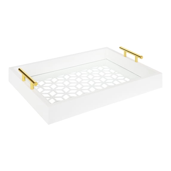 Kate and Laurel Caspen Rectangle Cut Out Pattern Decorative Tray with Gold Metal Handles, 16.5" x12.25", White and Gold