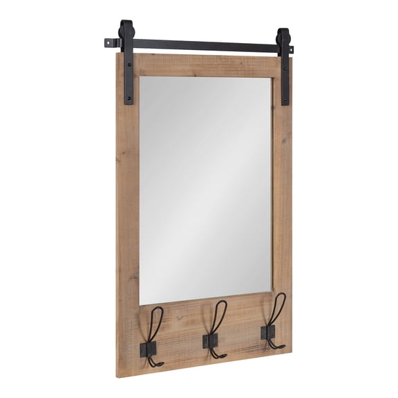Kate and Laurel Cates Rustic Wall Mirror With Hooks, 18 x 28, Rustic Brown, Farmhouse Wall Decor with Function