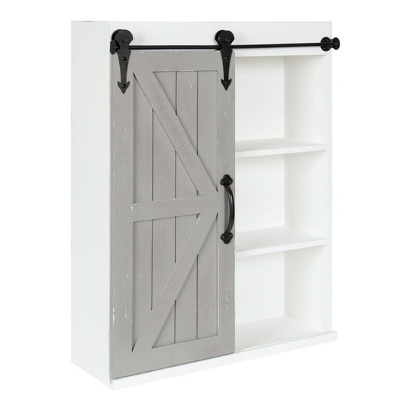 Kate and Laurel Cates Wood Wall Storage Cabinet with Sliding Barn Door, White/Gray 22x28