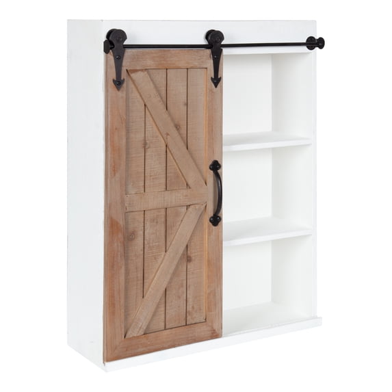 Kate and Laurel Cates Wood Wall Storage Cabinet with Sliding Barn Door, White/Rustic Brown 22x28