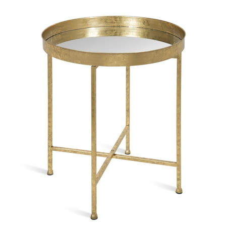 Kate and Laurel Celia 18-Inch Round Metal Foldable Mirror Tray Accent Table, Gold