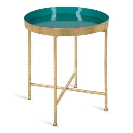 Kate and Laurel Celia 18-Inch Round Metal Foldable Tray Accent Table, Teal and Gold