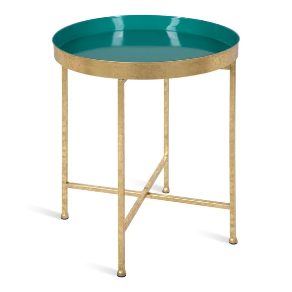 Kate and Laurel Celia 18-Inch Round Metal Foldable Tray Accent Table, Teal and Gold