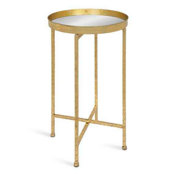 Kate and Laurel Celia Round Metal Foldable Accent Table with Mirror Tray Top, Gold