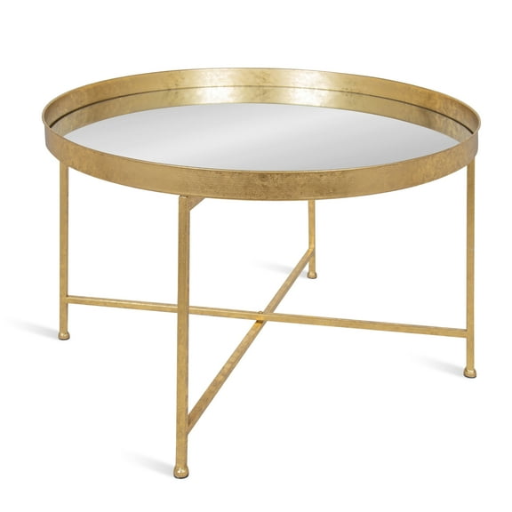 Kate and Laurel Celia Round Metal Foldable Coffee Table with Mirrored Tray Top, Gold