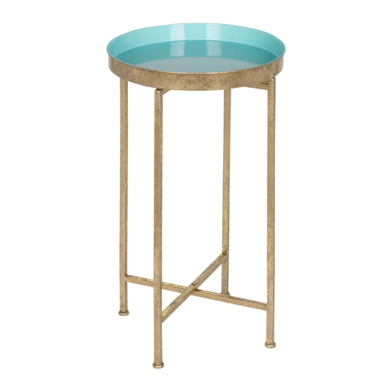 Kate and Laurel Celia Round Metal Foldable Tray Accent Table, Light Teal and Gold