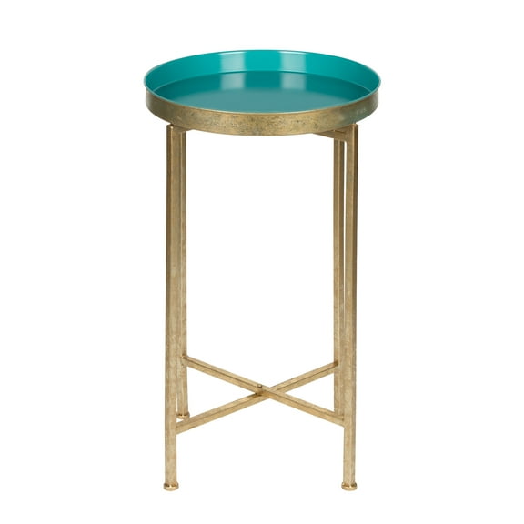 Kate and Laurel Celia Round Metal Foldable Tray Accent Table, Teal and Gold