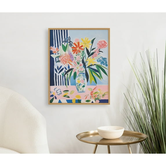 Kate and Laurel Cheerful Maximalist Flower Vase Framed Wall Art by The Creative Bunch Studio, 16x20 Gold, Colorful Flower Vase Art for Wall