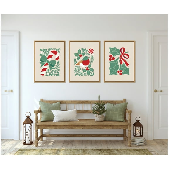 Kate and Laurel Christmas Icons - 3 Piece Framed Canvas Wall Art Set  by Dominique Vari, Sylvie Natural Whimsical, Holiday Art for Wall Decor