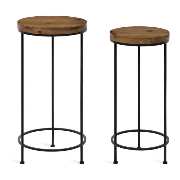 Kate and Laurel Espada Rustic Round End Table, Set Of 2, Rustic Wood And Black Metal Frame, Farmhouse-Inspired Home Accent