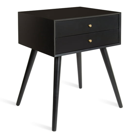 Kate and Laurel Finco Midcentury Modern Style Side Table with 2 Drawers, Black Finish with Brass Hardware