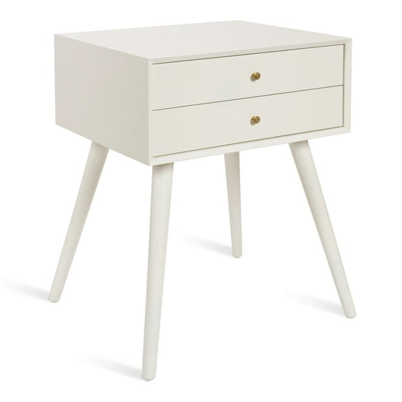 Kate and Laurel Finco Midcentury Modern Style Side Table with 2 Drawers, White Finish with Brass Hardware