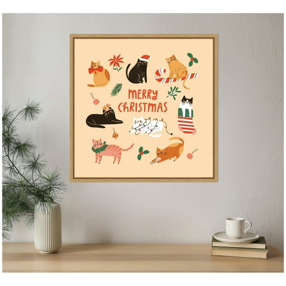 Kate and Laurel Framed Canvas Wall Art Print 'Christmas Cats' by Tania Garcia, 22 x 22 Sylvie Natural Frame, Whimsical, Animal Art for Wall Decor