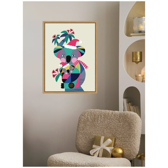Kate and Laurel Framed Canvas Wall Art Print 'Christmas Koala' by Rachel Lee, 18 x 24 Sylvie Natural Frame, Whimsical, Animal Art for Wall Decor