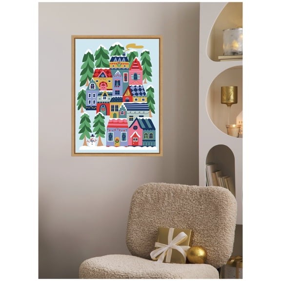Kate and Laurel Framed Canvas Wall Art Print 'Cozy Houses' by Rachel Lee, 18 x 24 Sylvie Natural Frame, Whimsical, Holiday Art for Wall Decor