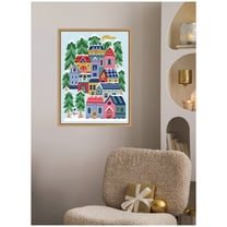 Kate and Laurel Framed Canvas Wall Art Print 'Cozy Houses' by Rachel Lee, 18 x 24 Sylvie Natural Frame, Whimsical, Holiday Art for Wall Decor