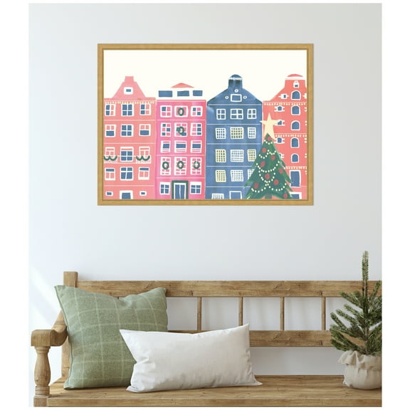 Kate and Laurel Framed Canvas Wall Art Print 'Festive Home' by Teju Reval, 24 x 18 Sylvie Bright Gold Frame, Whimsical, Holiday Art for Wall Decor