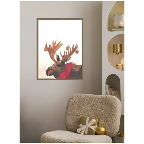 Kate and Laurel Framed Canvas Wall Art Print 'Festive Moose' by Teju Reval, 18 x 24 Sylvie Dark Gold Frame, Whimsical, Animal Art for Wall Decor