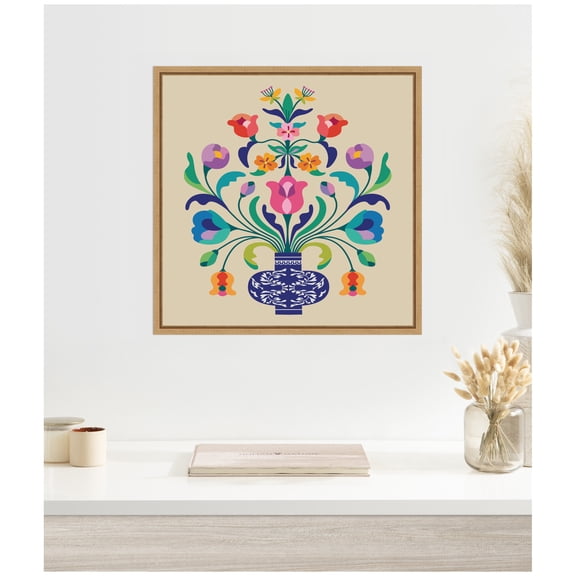 Kate and Laurel Framed Canvas Wall Art Print Floral Blue Vase by Rachel Lee, 22 x 22 Sylvie Natural Frame, Whimsical, Abstract Art for Wall Decor