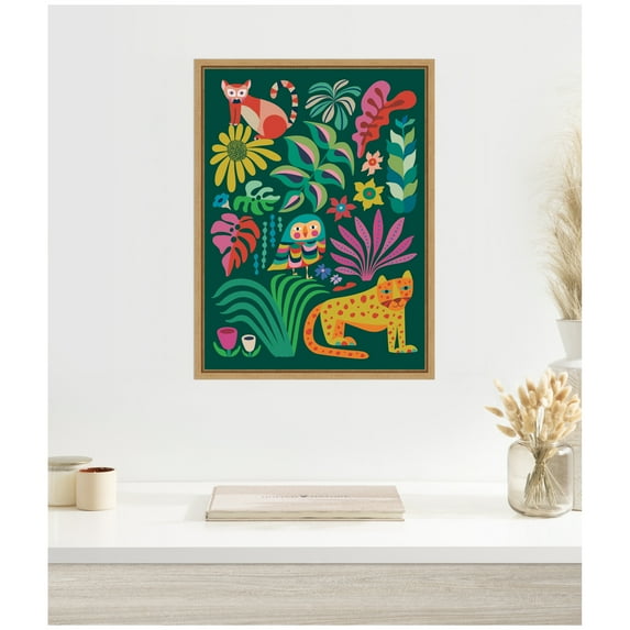 Kate and Laurel Framed Canvas Wall Art Print Jungle Animals by Rachel Lee, 18 x 24 Sylvie Natural Frame, Whimsical, Animal Art for Wall Decor