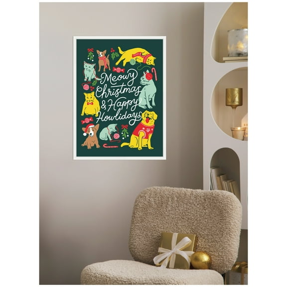 Kate and Laurel Framed Canvas Wall Art Print 'Meowy Howlidays' by Maria Filar, 18 x 24 Sylvie White Frame, Whimsical, Animal Art for Wall Decor
