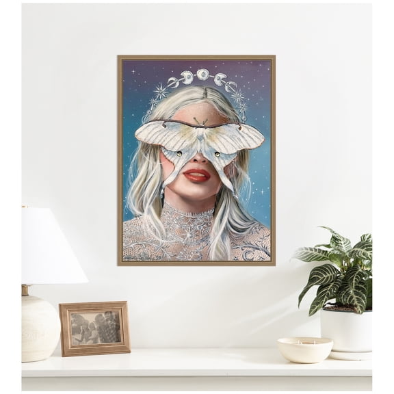 Kate and Laurel Framed Canvas Wall Art Print Moon Witch by Charlotte Brindley, 18 x 24 Sylvie Dark Gold Frame, Whimsical, Abstract Art for Wall Decor