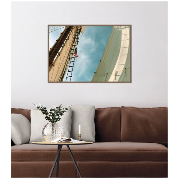Kate and Laurel Framed Canvas Wall Art Print Sail Away by Alicia Bock, 33 x 23 Sylvie Walnut Frame, Coastal, Beach Art for Wall Decor