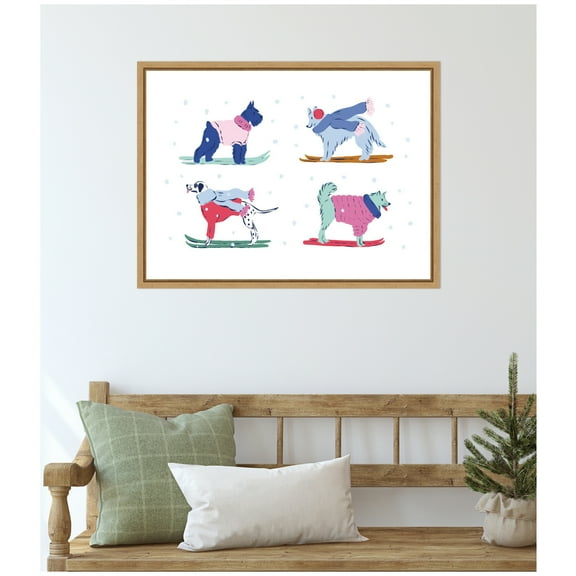 Kate and Laurel Framed Canvas Wall Art Print 'Ski Dogs 2' by Krissy Mast, 24 x 18 Sylvie Natural Frame, Whimsical, Animal Art for Wall Decor