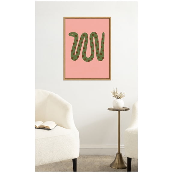 Kate and Laurel Framed Canvas Wall Art Print Snake by Laura Moss, 18 x 24 Sylvie Natural Frame, Whimsical, Animal Art for Wall Decor