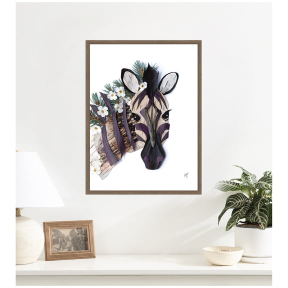 Kate and Laurel Framed Canvas Wall Art Print Zebra by Madeline Jeppesen, 18 x 24 Sylvie Walnut Frame, Whimsical, Animal Art for Wall Decor