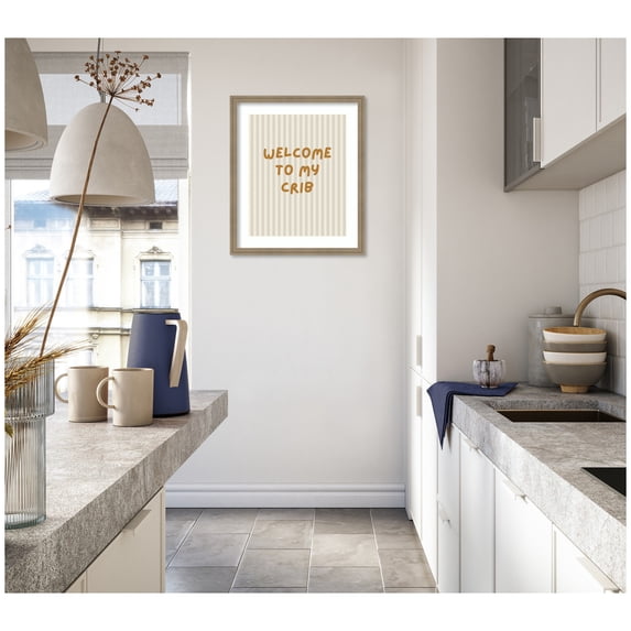 Kate and Laurel Framed Wall Art Print Welcome To My Crib by Laura Moss, 22 x 26, Florence Light Brown Frame, Whimsical, Typography Art for Wall Decor