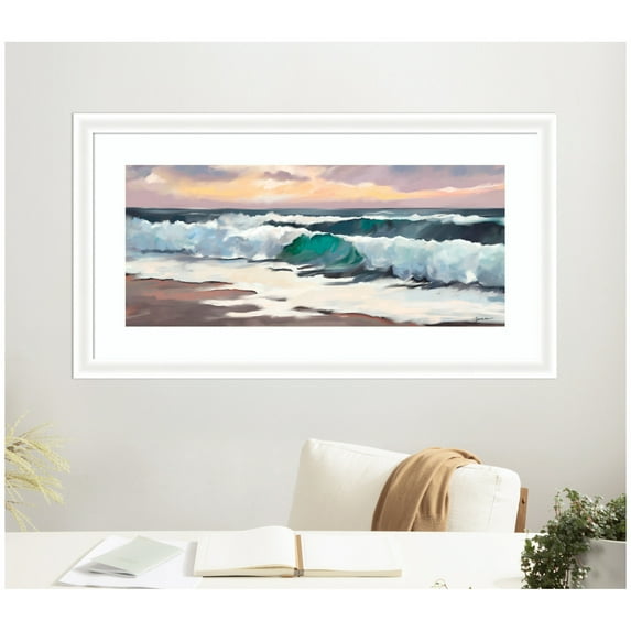 Kate and Laurel Framed Wall Art Print 'roll tide' by Mary Sparrow, 43 x 24, Oliver White Narrow Frame, Coastal, Beach, Nature Art for Wall Decor