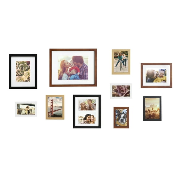 Kate and Laurel Gallery Mid-Century Wood Wall Frame Set, Set Of 10, Walnut Brown, Gold, Black, and White