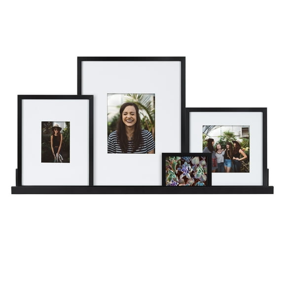 Kate and Laurel Gallery Transitional Frame and Shelf Set, Set of 5, Black, Sophisticated Picture Frame Collage With Multiple Sizes Included