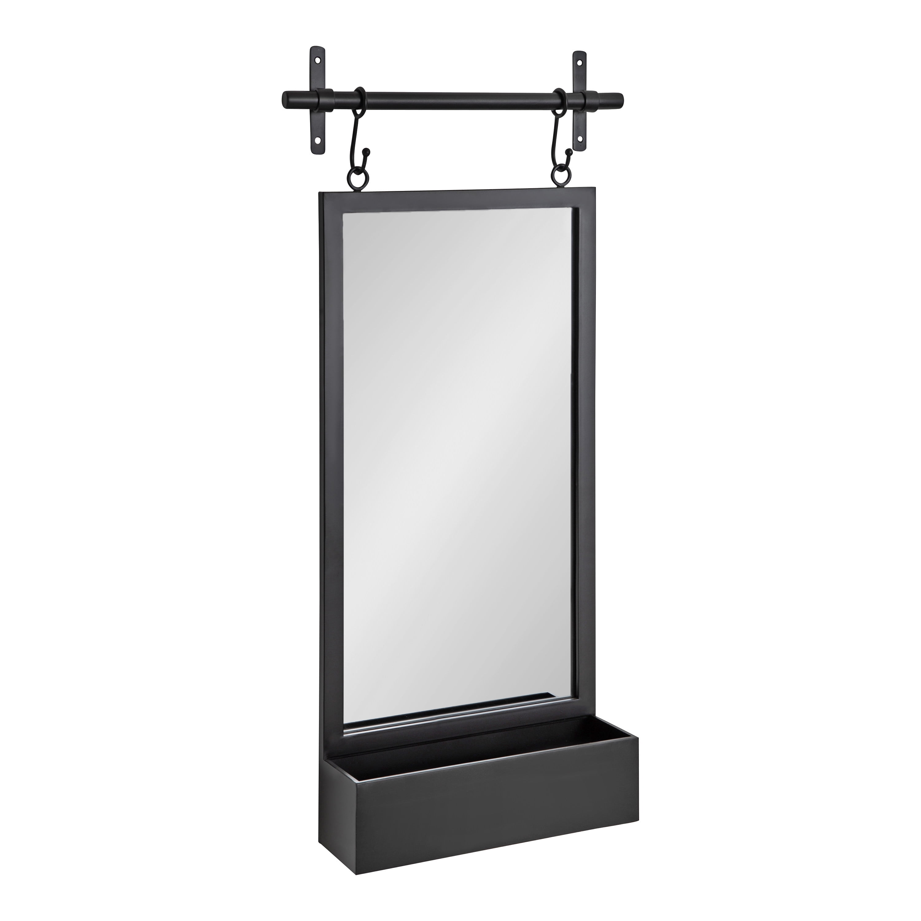 Black Metal Rectangular Wall Mirror with Storage Shelf
