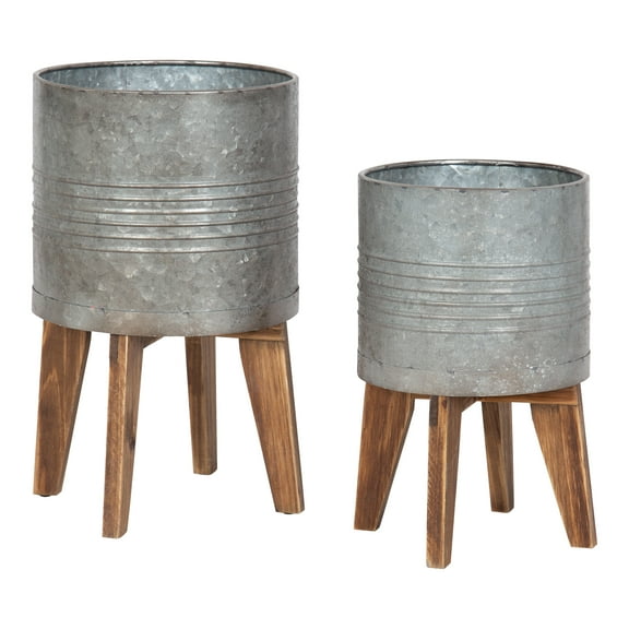 Kate and Laurel Gavri Farmhouse Galvanized Metal and Wood Tabletop Planter Set, 2 Piece, Decorative Metal Planter Centerpiece for Table